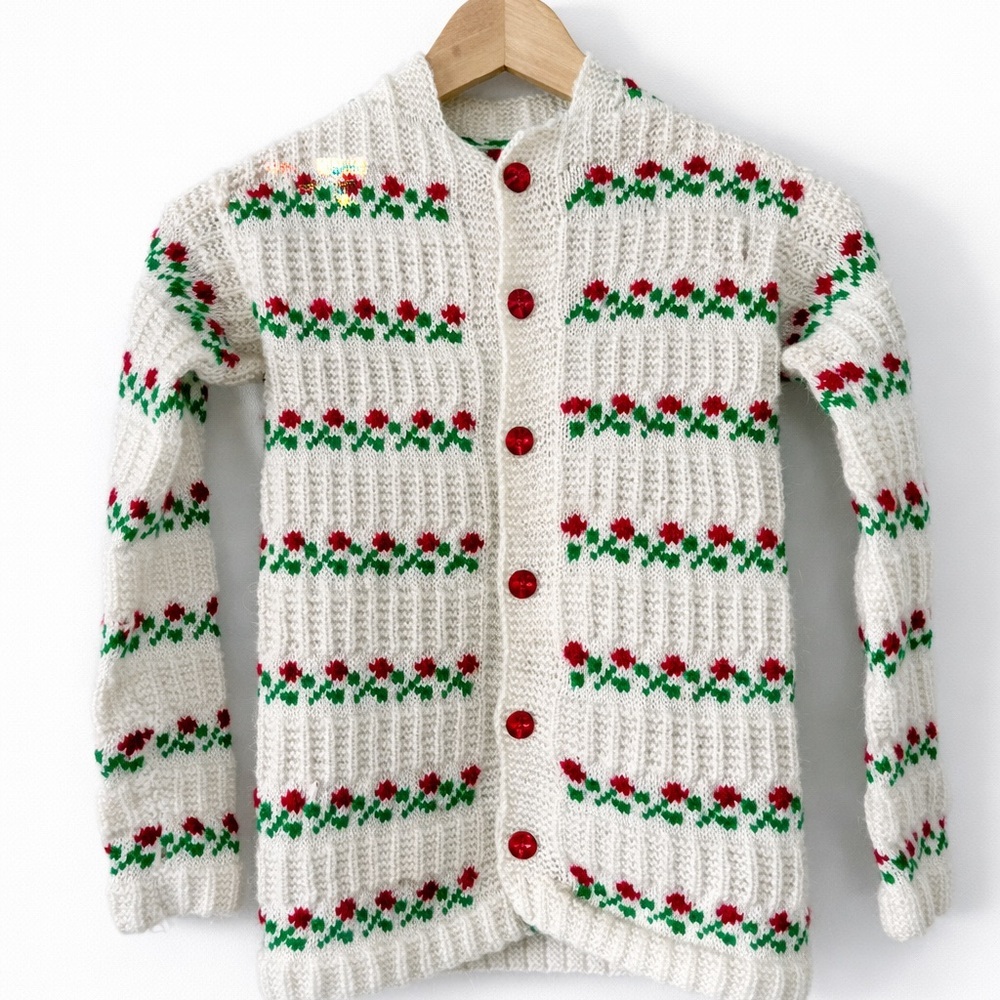 Vintage Floral Knit Cardigan Girls Cream Red Green Cottagecore Retro 5T-6T